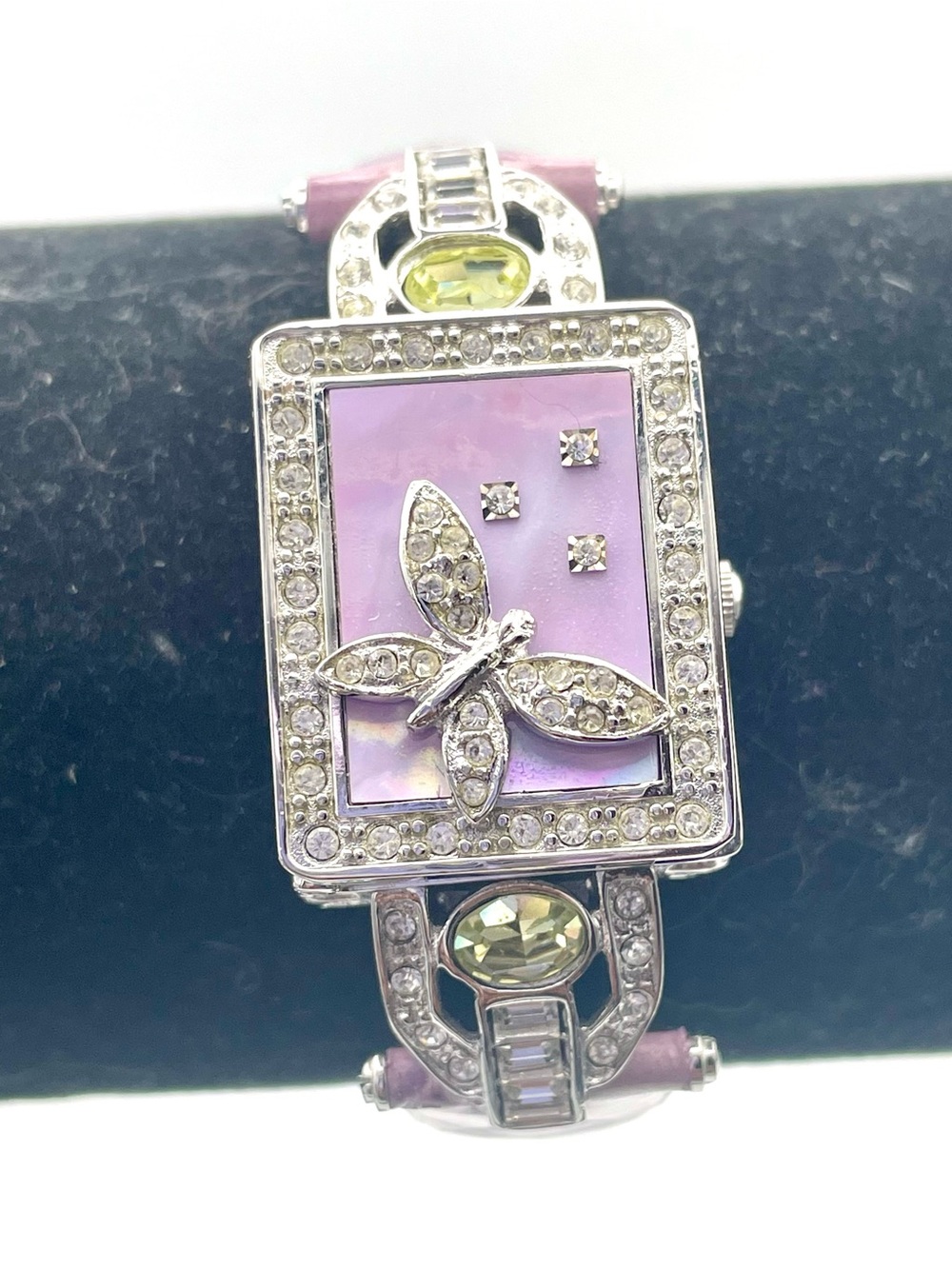 Suzanne Somers Silver Butterfly Watch with Cover, Crystals and Green Accents